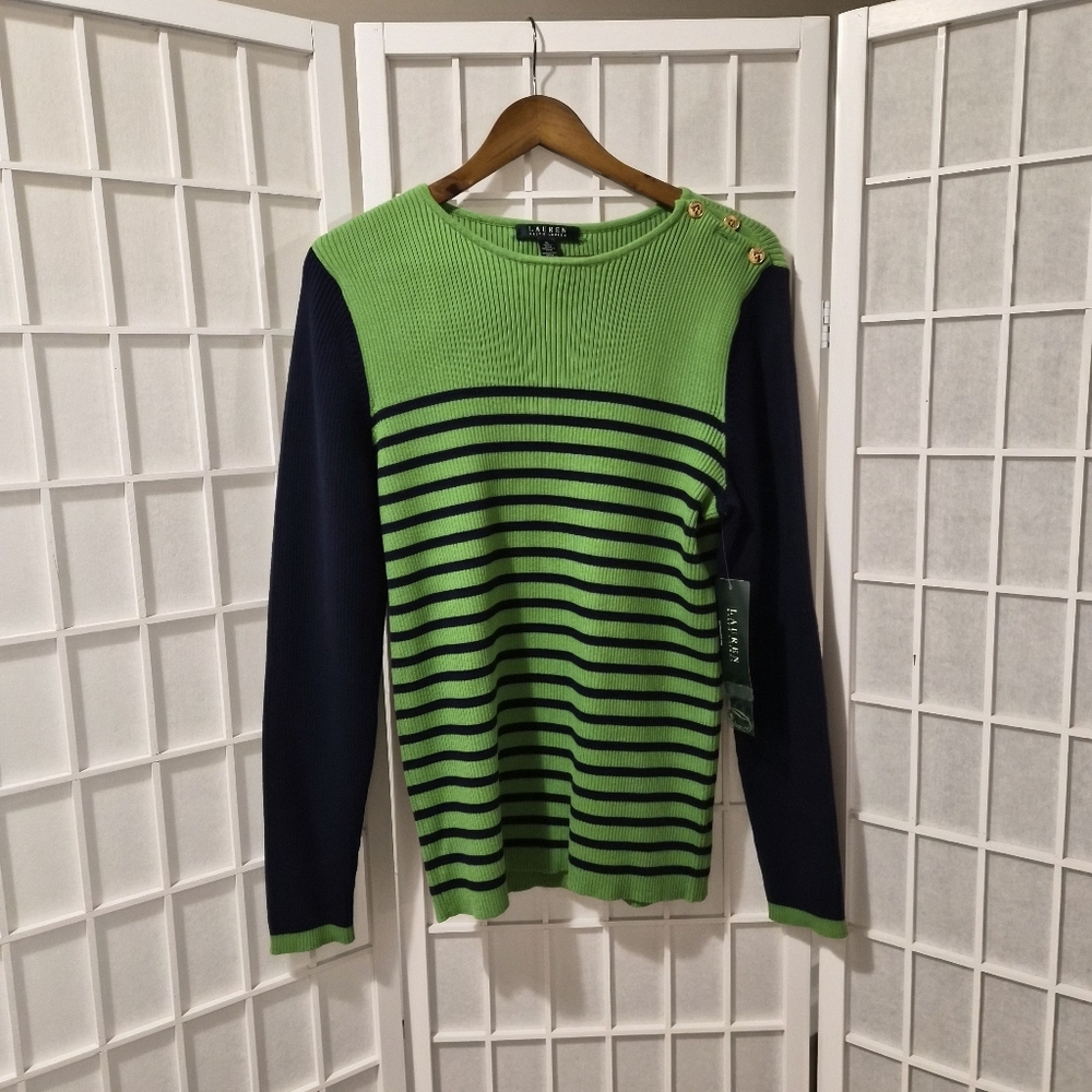 Ralph Lauren Lime Green and Navy Striped Sweater NWT Sz XL
